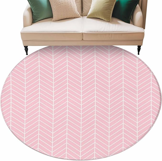 Pink Herringbone Stripes Round Rug 5 Ft, Modern Abstract Geometric Pink Simple Lines Circle Area Rugs Washable Non Slip Indoor Floor Mats Carpet for Living Room Bedroom Dining Room Home Decor
