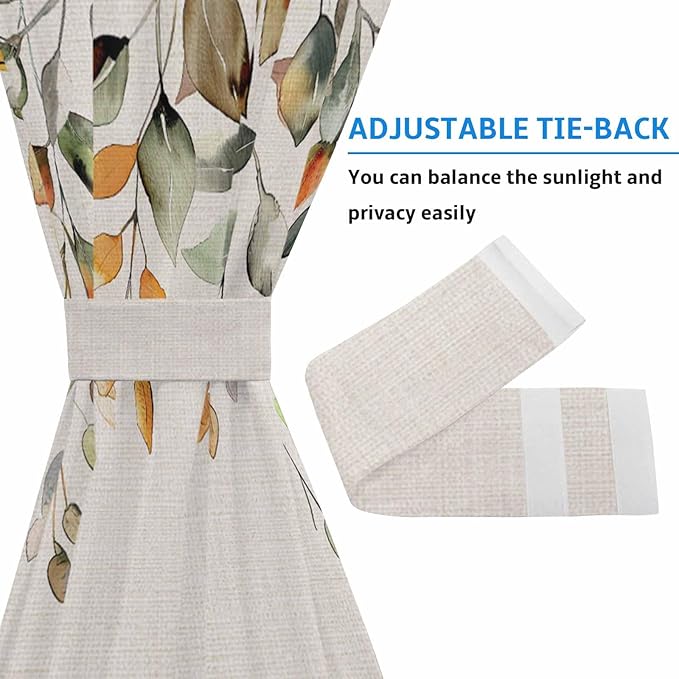 French Door Curtain Panel for Front Door, Plants Eucalyptus Leaves Orange Sage Green Fall Slidelight Door Curtains with Tieback Light Filtering Privacy Panels for Doorway Entryway 25"x 40"