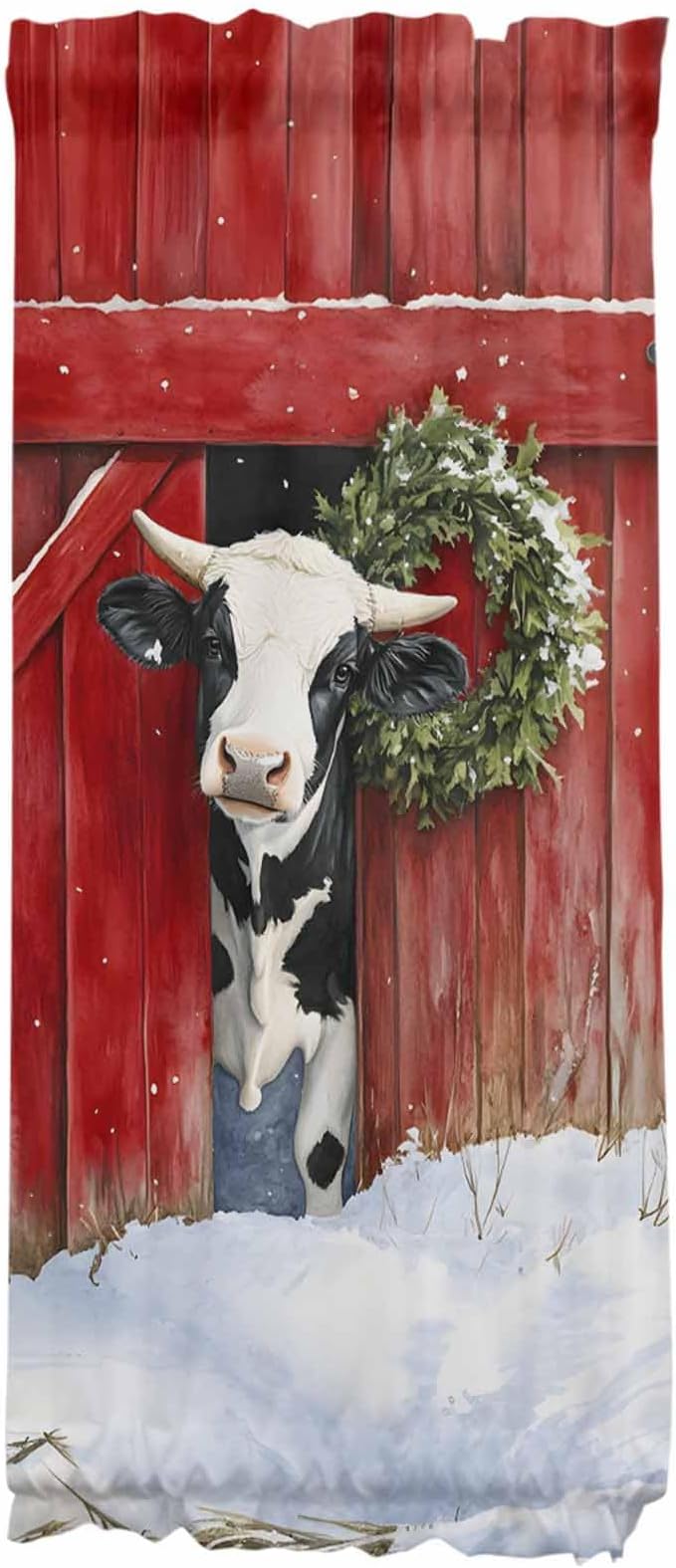 Christmas French Door Curtain Panel for Front Door, Milk Cow Green Christmas Wreath Red Farmhouse Slidelight Door Curtains with Tieback Light Filtering Privacy Panels for Doorway Entryway 25"x 40"