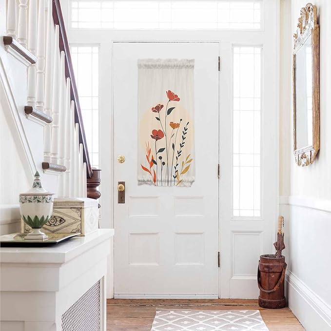 French Door Curtain Panel for Front Door, Orange Floral Flower Slidelight Door Curtains with Tieback Light Filtering Privacy Panels for Doorway Entryway 25"x 40"