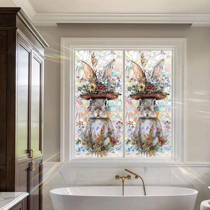 Easter Window Privacy Film 39.4 x 17.3 Inch PVC Bunny Floral Hat Crescent Texture Decorative Glass Covering with Sunlit Glossy Shine for Bathroom Kitchen Living Room Privacy Accent