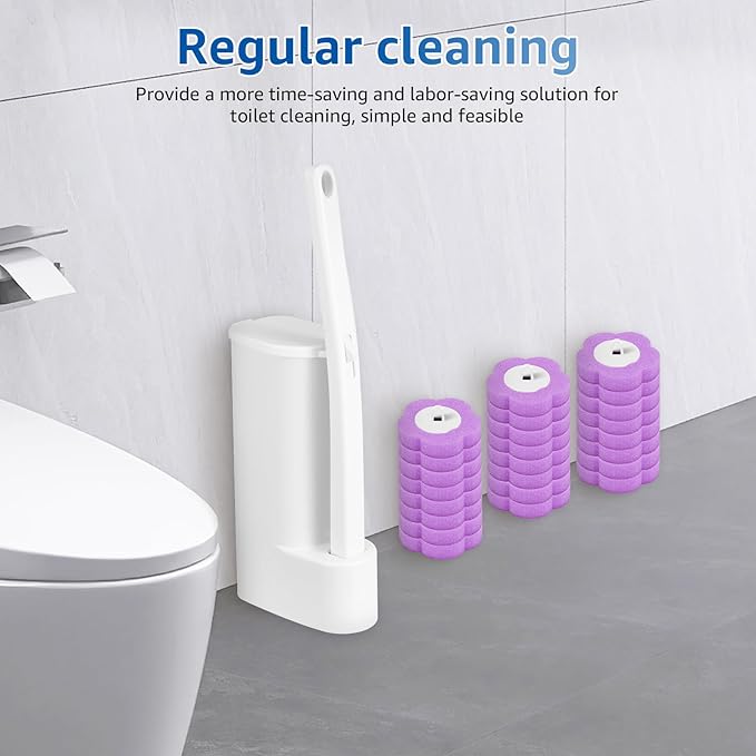 Toilet Bowl Cleaner Kit, Toilet Brush Cleaning System, Easy to Install Refills Pads Replacement Heads, Efficient Brush Disc Kit with Elongated Handle for Bathroom Cleaning(Purple)