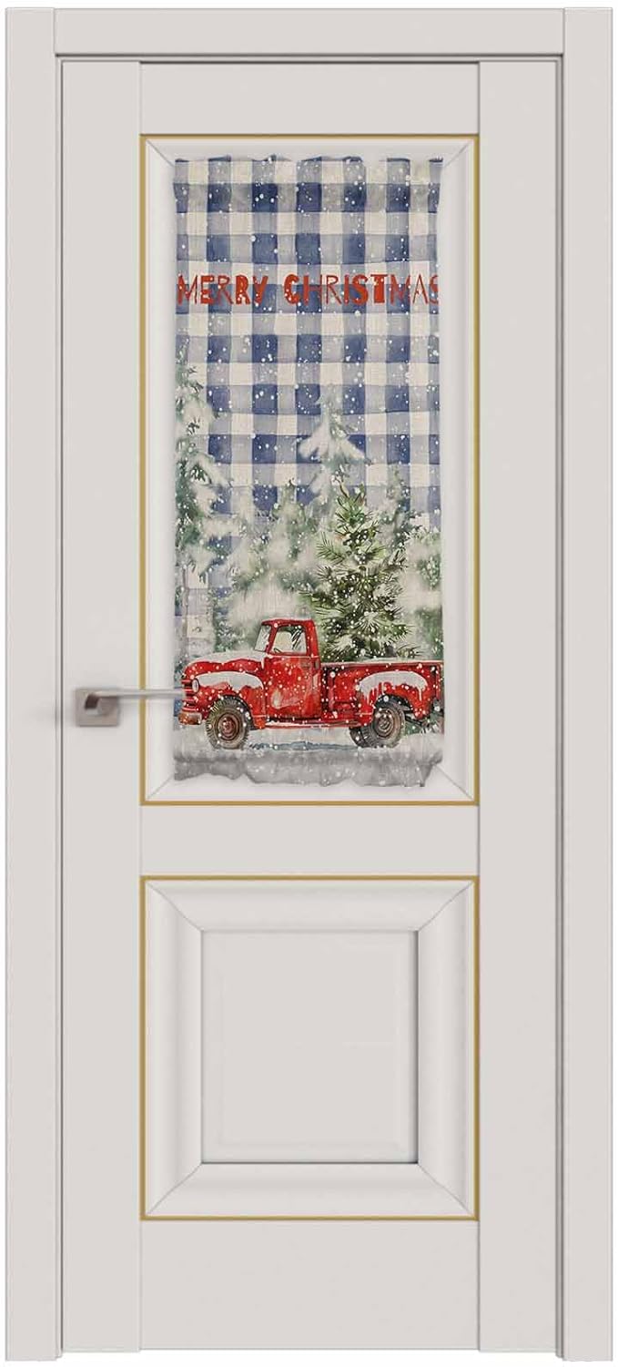 Christmas French Door Curtain Panel for Front Door, Red Truck Snow Merry Christmas Retro Blue Plaid Slidelight Door Curtains with Tieback Light Filtering Privacy Panels for Doorway Entryway 25"x 40"