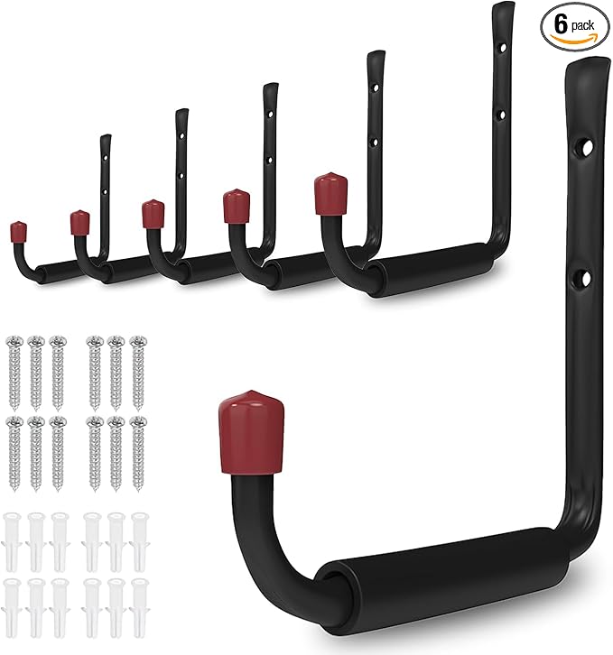 CBWLWJ 6 Pack Garage Hooks Heavy Duty, Multi Functional J Hooks, Anti Slip Ladder Hooks for Bikes, Chairs, Garden Tools and More. (9.48inch)