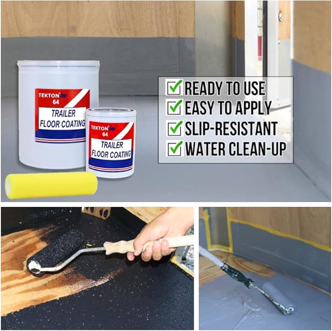 (Black, 4.5 Gallons Pail with 2 Foam Rollers Protects Trailer Floors, Ramps and Walls; Non Skid Paint