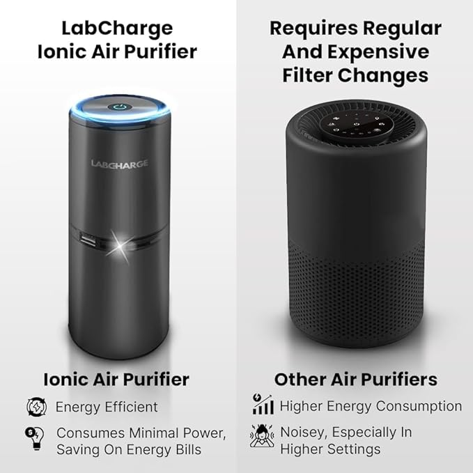 LabCharge Small Ionic Air Purifier for Home & Bedroom – Silent HEPA Filter – Covers 250 Sq Ft - Free Cleaner – Compact & Black Design - Pack of 5