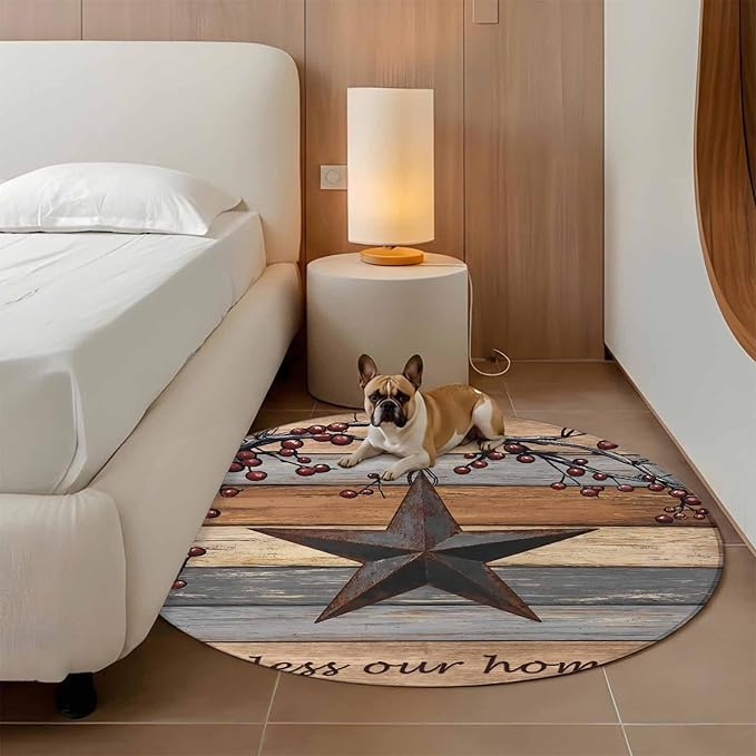 Country Stars Round Rug 3.3 Ft, Vintage Rust Black Star Berry Brown Light Blue Wood Grain Samll Area Rugs Washable Non Slip Indoor Floor Mats Circle Carpet for Living Room Bedroom Dining Room Home