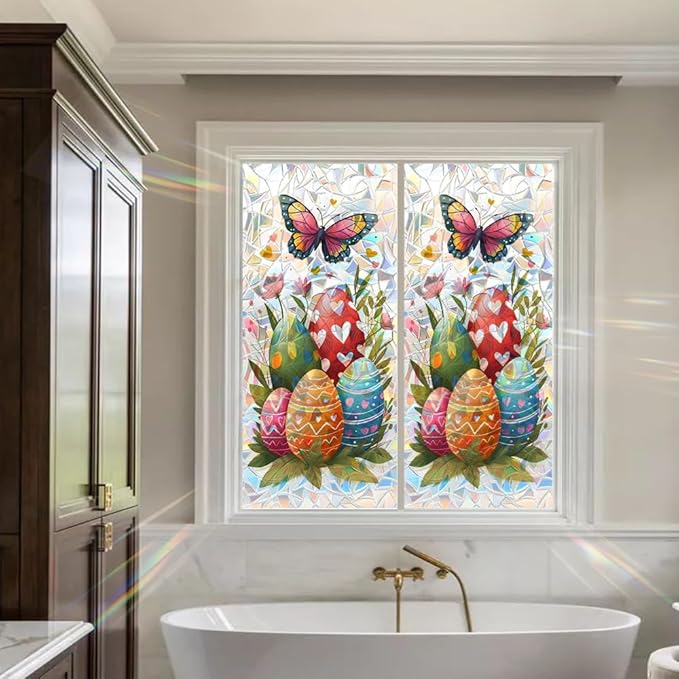Easter Window Film Colorful Egg and Butterfly Design Decorative PVC Window Film for Home Entryway Kids Room Adds Spring Privacy and Light Softening Holiday Style