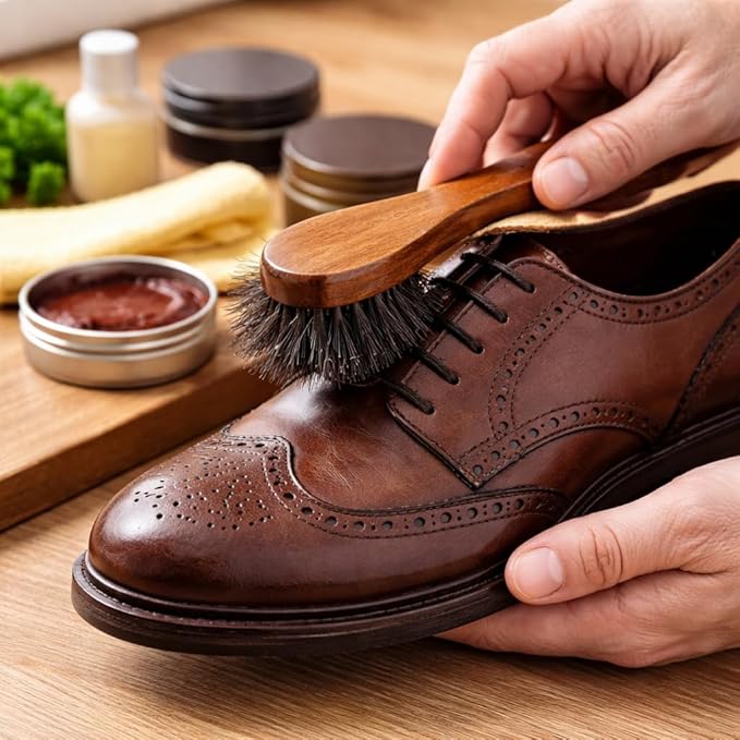 Horsehair Shoe Brush Long Wooden Handle Anti-Slip Horse-Hair Leather Shoe Cleaning Polishing Brush 2Pcs