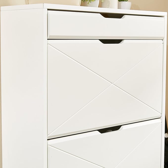 Shoe Cabinet with 3 Flip Drawers, Shoe Storage Cabinet with Open Shelf and Top Drawer, Free Standing Shoe Rack Storage Organizer for Entryway, Hallway, White