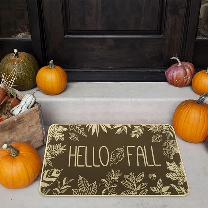 Hello Fall Door Welcome Mat,Autumn Thanksgiving Orange Outdoor Rug Leaves Decor Floor Non-Slip Entrance Mat for Home Kitchen Bathroom 17x29 Inch(Orange1)