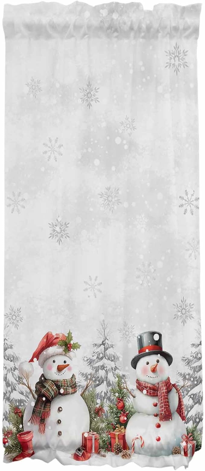 Christmas French Door Curtain Panel for Front Door, Christmas Gray Gradient Winter Falling Snow Snowman Slidelight Door Curtains with Tieback Light Filtering Privacy Panels for Entryway 25"x 40"