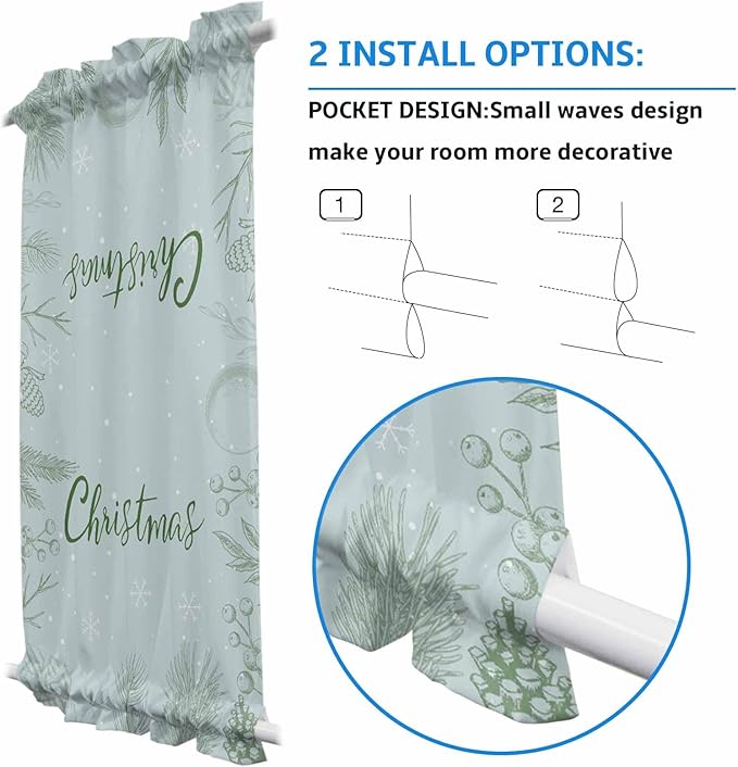 Christmas French Door Curtain Panel for Front Door, Pale Green Botanical Leaves Berries Christmas Slidelight Door Curtains with Tieback Light Filtering Privacy Panels for Doorway Entryway 25"x 40"