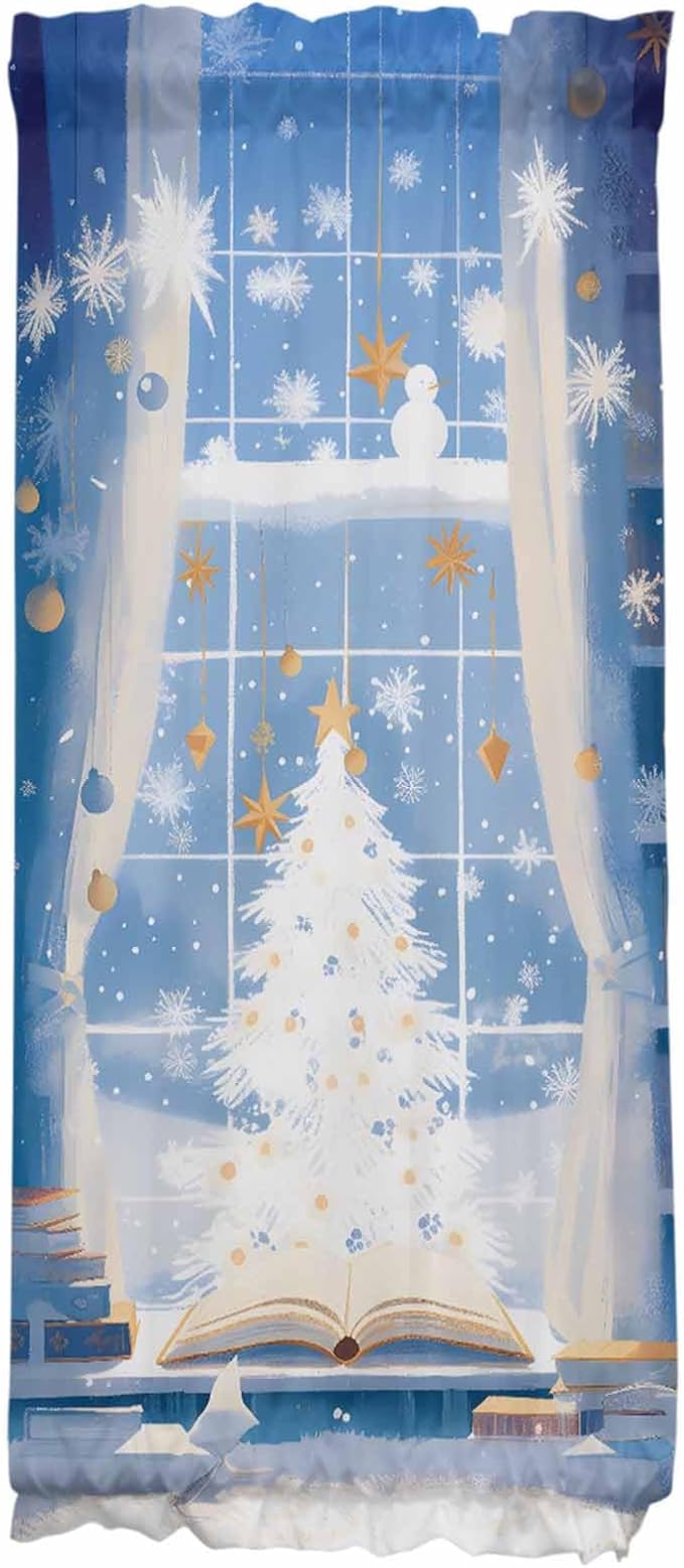 Christmas French Door Curtain Panel for Front Door, White Xmas Tree Blue Indoor Window View Slidelight Door Curtains with Tieback Light Filtering Privacy Panels for Doorway Entryway 25"x 40"