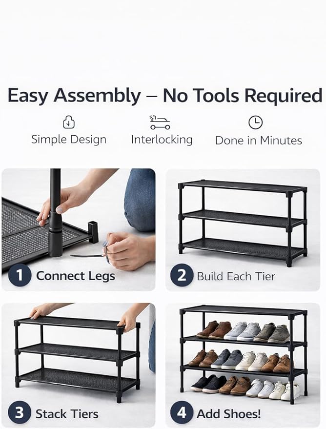 3-Tier Stackable Shoe Rack Organizer with Handle & Cleaning Brush, Adjustable Metal Shoe Shelf for Closet, Entryway, Bedroom & Hallway, No Tool Assembly, Durable Black Metal.