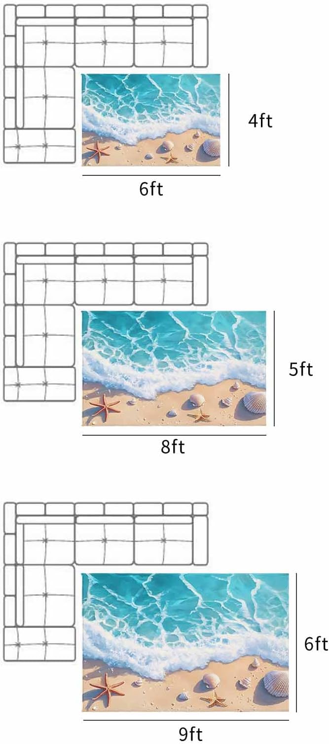 Outdoor Area Rugs for Patio 6'x9' Ocean Gradient Spray Beach Shell Starfish Entryway Rug Carpet Doormat, Large Floor Mat for Porch, Backyard, Apartment Balcony, Deck, Beach