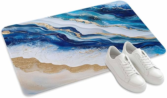 Abstract Spray Doormat Gold White Blue Ocean Oil Painting Style Non Slip Low Profile Rubber Door Mat Washable Absorbent Indoor Front Door Mat Entryway Rug Entrance Carpet 18x30 Inch