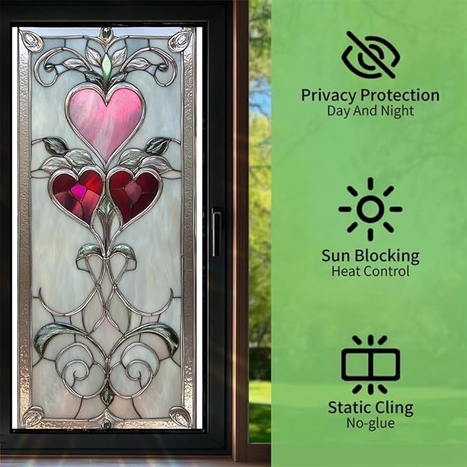 Window Film Heart Pattern Decorative Privacy Vinyl Window Film for Home Bathroom Bedroom Entryway Adds Soft Light Filtering and Romantic Style 17.3 x 39.4 Inch