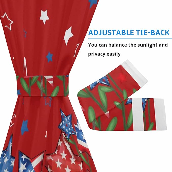 French Door Curtain Panel for Front Door, Red Blue Star American Flag Independence Day 4th of July Slidelight Door Curtains with Tieback Light Filtering Privacy Panels for Doorway Entryway 25"x 40"