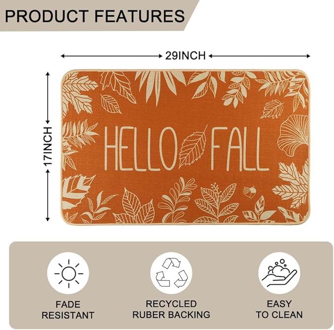 Hello Fall Door Welcome Mat, Autumn Thanksgiving Orange Outdoor Rug Leaves Decor Floor Non-Slip Entrance Mat for Home Kitchen Bathroom 17 X 29 Inch