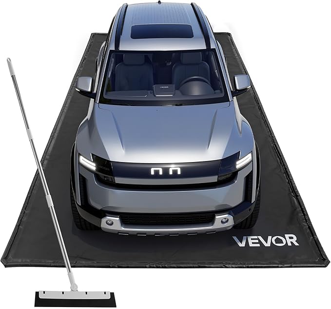 VEVOR Containment Mat, 7 ft 9 in x 16 ft, Non-Slip PVC Garage Floor Mat with a Cleaning Squeegee, Heavy Duty Durable Waterproof Containment Protection from Snow, Rain and Mud for Cars Parking, Black