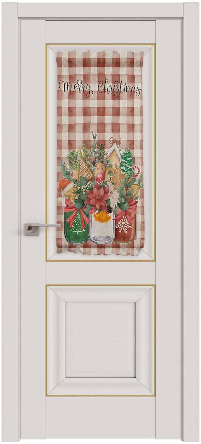 Christmas French Door Curtain Panel for Front Door, Xmas Floral Gingerbread Bottles Vintage Red Plaid Slidelight Door Curtains with Tieback Light Filtering Privacy Panels for Entryway 25"x 40"