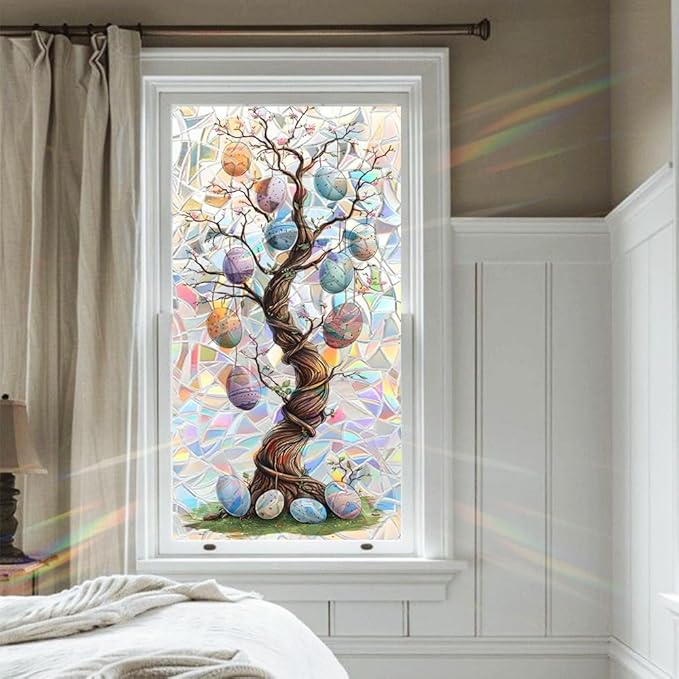 Window Film 17.3 x 39.4 Inch Easter Egg Tree Illustration PVC Decorative Privacy Window Covering for Seasonal Home Styling Spring Glass Surface Decor