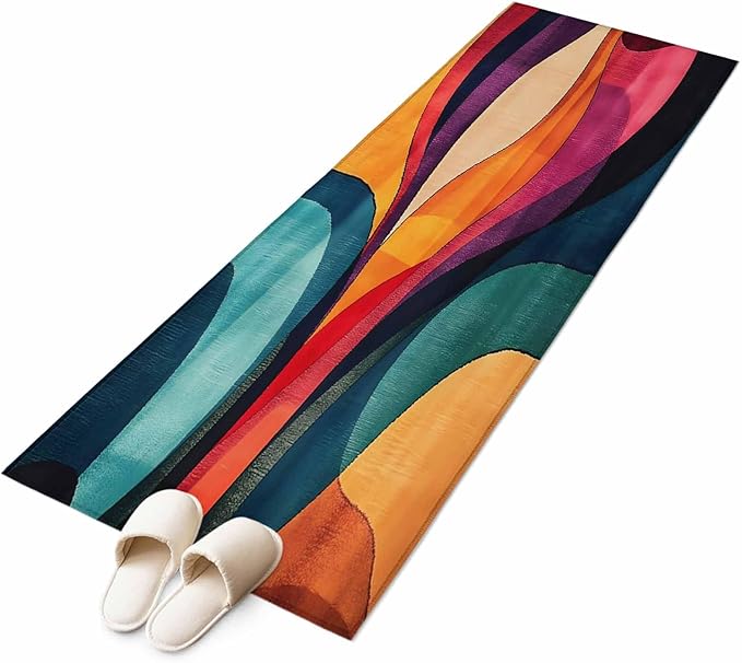 Minimalist Art Runner Rug 2'x6', Abstract Yellow Blue Color Block Line Hallway Runner Rugs Washable Non-Slip Bedside Floor Mats Carpet for Kitchen Bedroom Laundry Room Bathroom