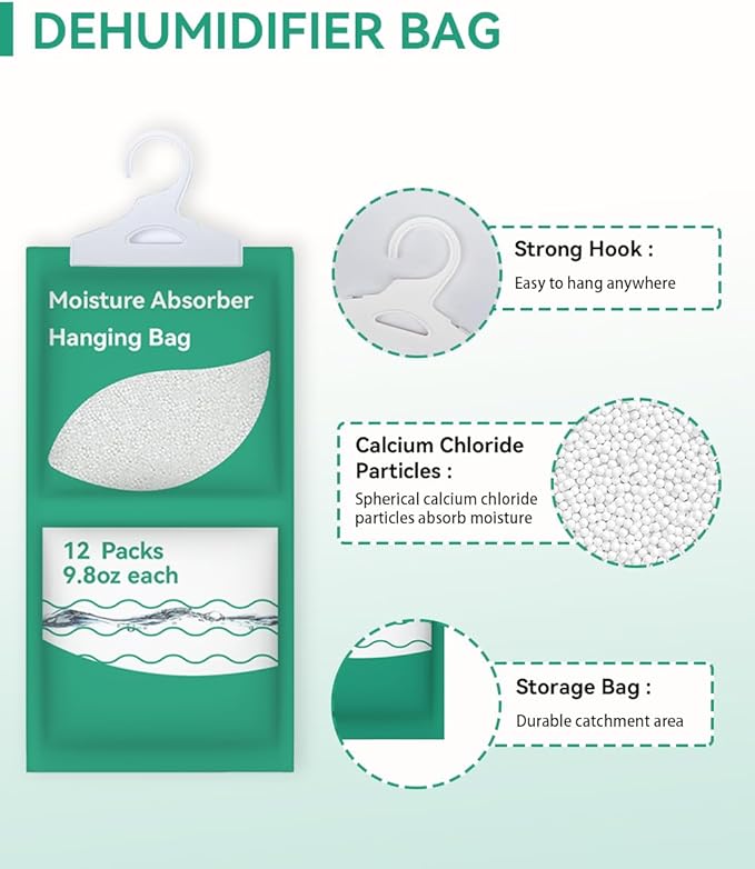 Moisture Absorbers Packets, Fragrance Free (12 Pack), Humidity Packs, Hanging Closet Dehumidifier Bags, Moisture Absorb 9.8OZ Hanging Bags for Bedroom, Kitchen, Basement, Storeroom, Study