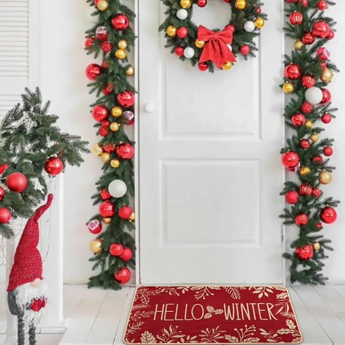 Hello Winter Door Mat Welcome Doormat, Winter Christmas Red Outdoor Rug Leaves Decor Floor Front Door Mat Non-Slip Entrance Mat for Home Kitchen Bathroom Decorations 17 X 29 Inch