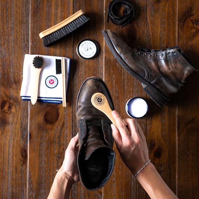 Cobbler’s Choice Co. Leather Care Brush Kit with Horsehair Shoe Brush, Dauber Brush, Welt Brush, Microfiber Cloth - Tan