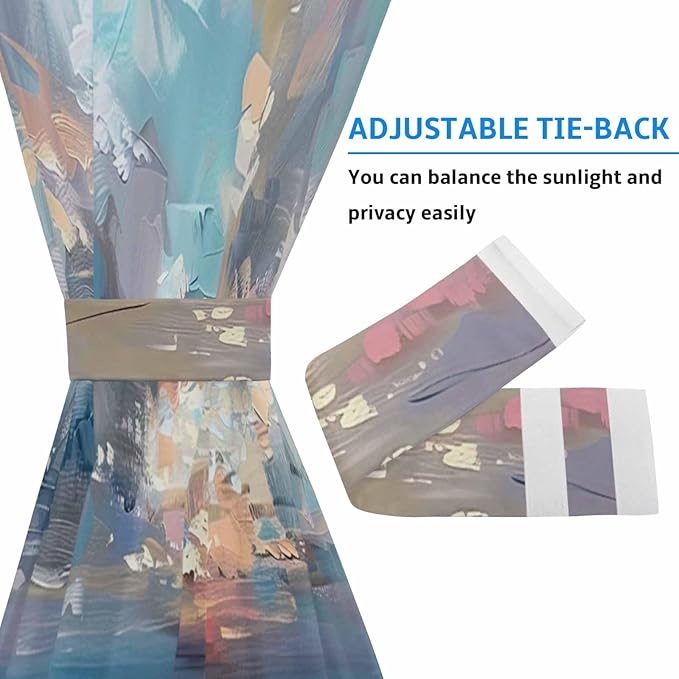 French Door Curtain Panel for Front Door, Oil Painting Blue Gray Summer Beach Abstract Slidelight Door Curtains with Tieback Light Filtering Privacy Panels for Doorway Entryway 25"x 40"