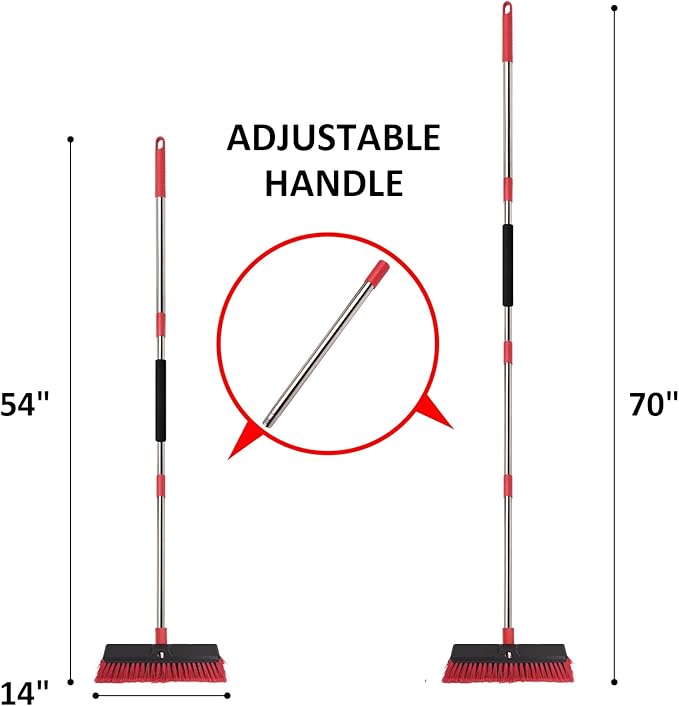 14” Push Broom Outdoor with 70” Long Handle - Heavy Duty Shop Broom for Garage, Patio, Driveway, Yard, Deck Cleaning
