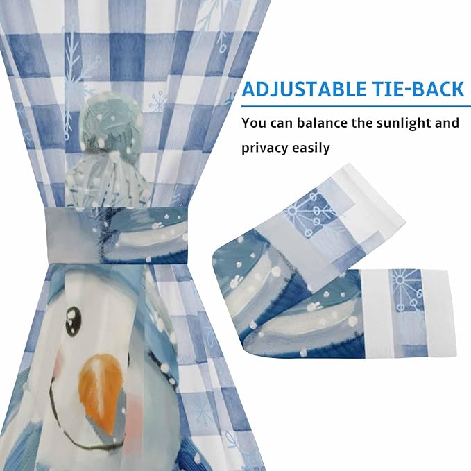 Christmas French Door Curtain Panel for Front Door, Winter Smile Snowman Snowflake Classical Blue Plaid Slidelight Door Curtains with Tieback Light Filtering Privacy Panels for Entryway 25"x 40"
