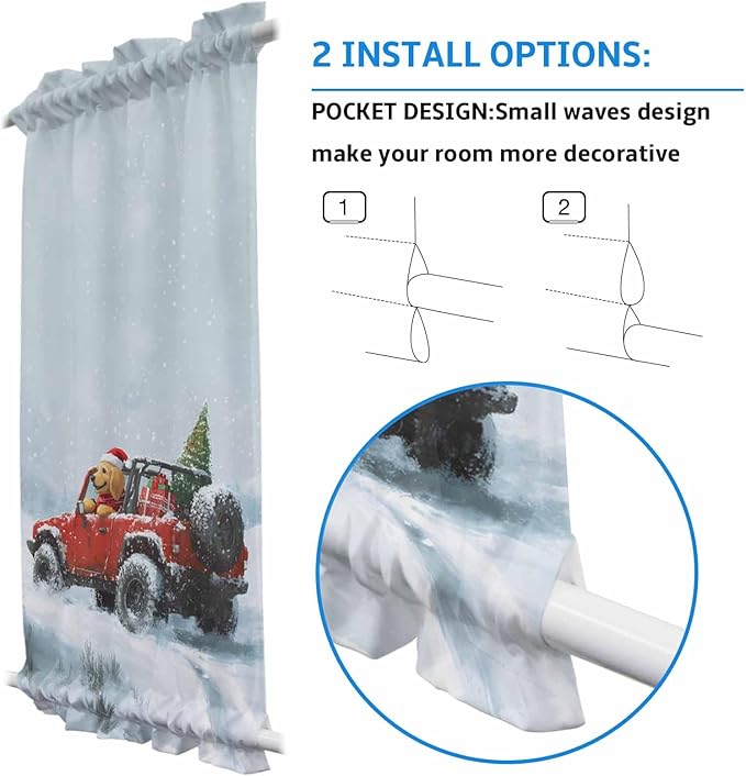 Christmas French Door Curtain Panel for Front Door, Merry Christmas Tree Red Truck Dog Winter Snow Slidelight Door Curtains with Tieback Light Filtering Privacy Panels for Doorway Entryway 25"x 40"
