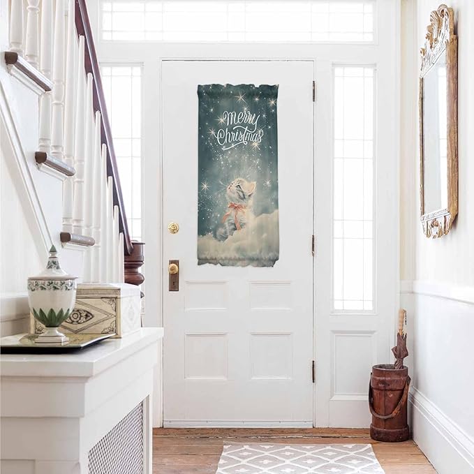 Christmas French Door Curtain Panel for Front Door, Dreamy Christmas Sparkle Star Cat Slidelight Door Curtains with Tieback Light Filtering Privacy Panels for Doorway Entryway 25"x 40"