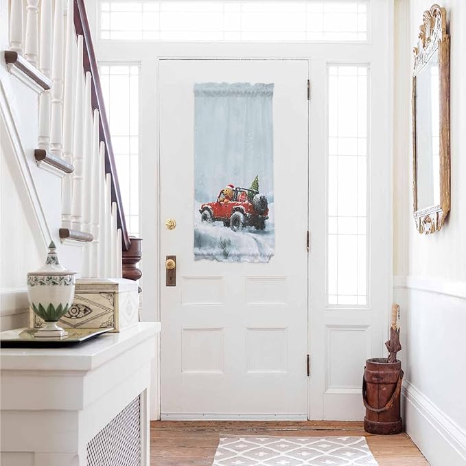 Christmas French Door Curtain Panel for Front Door, Merry Christmas Tree Red Truck Dog Winter Snow Slidelight Door Curtains with Tieback Light Filtering Privacy Panels for Doorway Entryway 25"x 40"