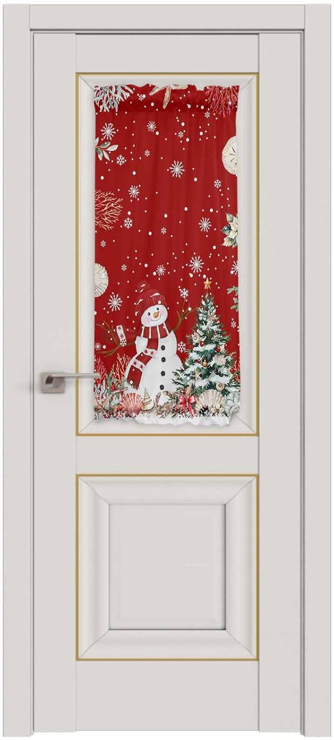Christmas French Door Curtain Panel for Front Door, Marine Life Snowflake Christmas Tree Snowman Dark Red Slidelight Door Curtains with Tieback Light Filtering Privacy Panels for Entryway 25"x 40"