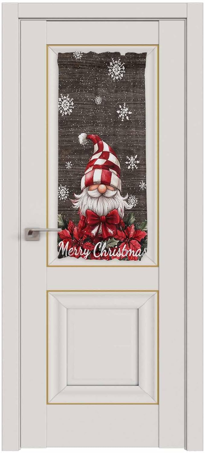 Christmas French Door Curtain Panel for Front Door, Dark Brown Wood Texture Merry Christmas Dwarf Poinsettia Slidelight Door Curtains with Tieback Light Filtering Privacy Panels for Entryway 25"x 40"