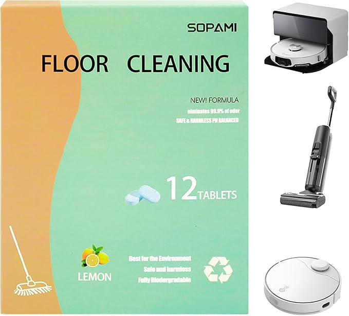 SOPAMI 12pcs Floor Cleaning Solution Tablet Deep Cleans for Multiple Hard Floors, Tile and Vinyl Floors，Suitable With All Robot Vacuums with Mopping and Cordless Wet/Dry Vacuum Mop Cleaner lemon Scent