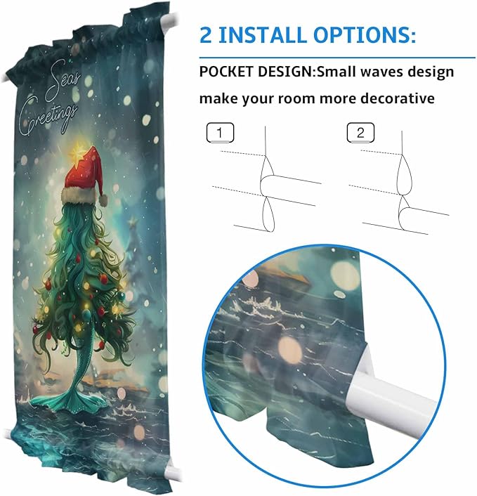 Christmas French Door Curtain Panel for Front Door, Sea Marine Life Christmas Tree Hair Slidelight Door Curtains with Tieback Light Filtering Privacy Panels for Doorway Entryway 25"x 40"