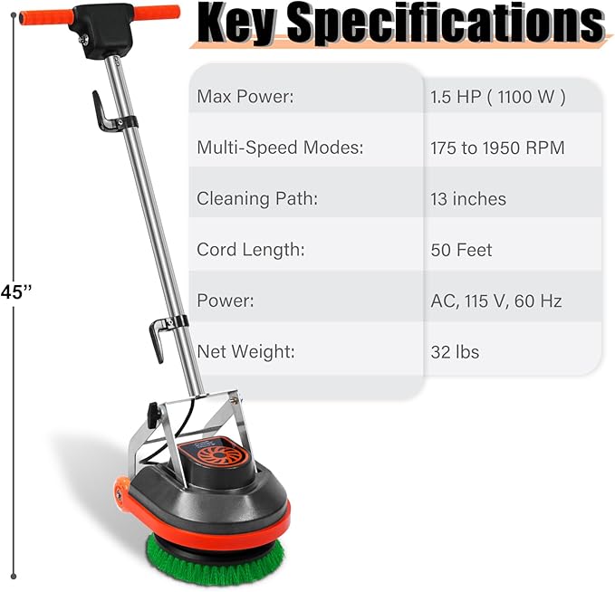 HHQ Commercial Floor Scrubber Machine, Heavy Duty Orbital Floor Cleaner, Multi-Functional Floor Buffer Polisher Machine- Deep Cleaning Tile and Grout, Hardwood Floors and Carpets with Ease, Orb-5