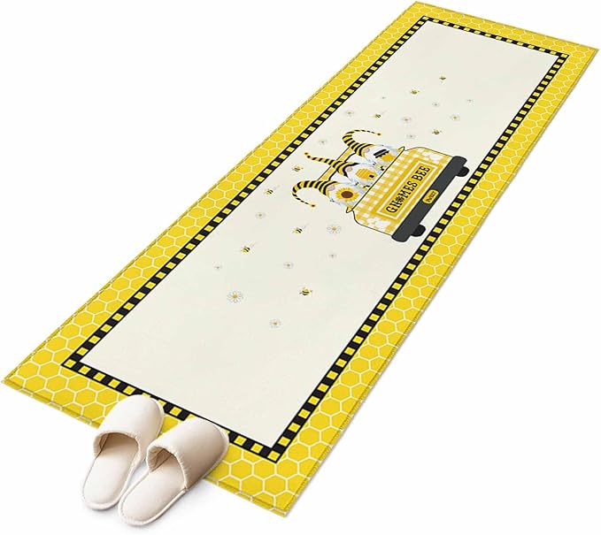 Honey Gnomes Runner Rug 2'x6', Bees Hive Sunflower Truck Hallway Runner Rugs Washable Non-Slip Bedside Floor Mats Carpet for Kitchen Bedroom Laundry Room Bathroom