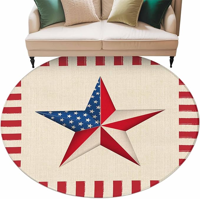 Farmhouse American Flag Pentagram Round Rug 6 Ft, Circle Area Rugs Washable Non Slip Indoor Floor Mats Carpet for Living Room Bedroom Dining Room Home Decor