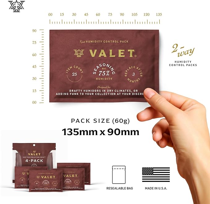 Valet 75% Two-Way Humidity Packs 12-Pack (60g), Bulk Two-Way Humidity Control Packs for Moisture Restoration & Leaky Wood Storage, Made in USA