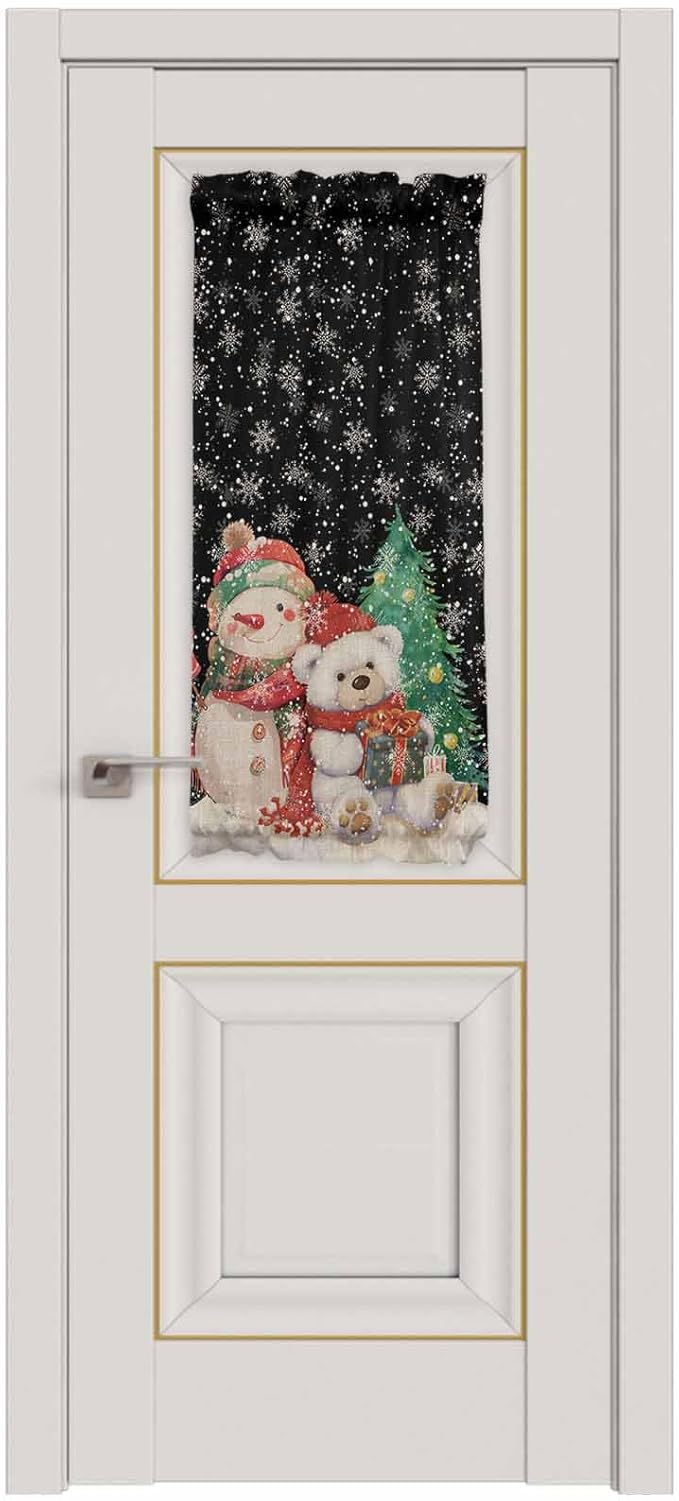 Christmas French Door Curtain Panel for Front Door, Black Retro Snow Bear Doll Christmas Slidelight Door Curtains with Tieback Light Filtering Privacy Panels for Doorway Entryway 25"x 40"