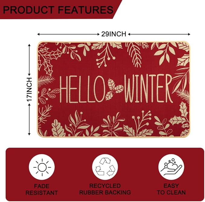 Hello Winter Door Mat Welcome Doormat, Winter Christmas Red Outdoor Rug Leaves Decor Floor Front Door Mat Non-Slip Entrance Mat for Home Kitchen Bathroom Decorations 17 X 29 Inch