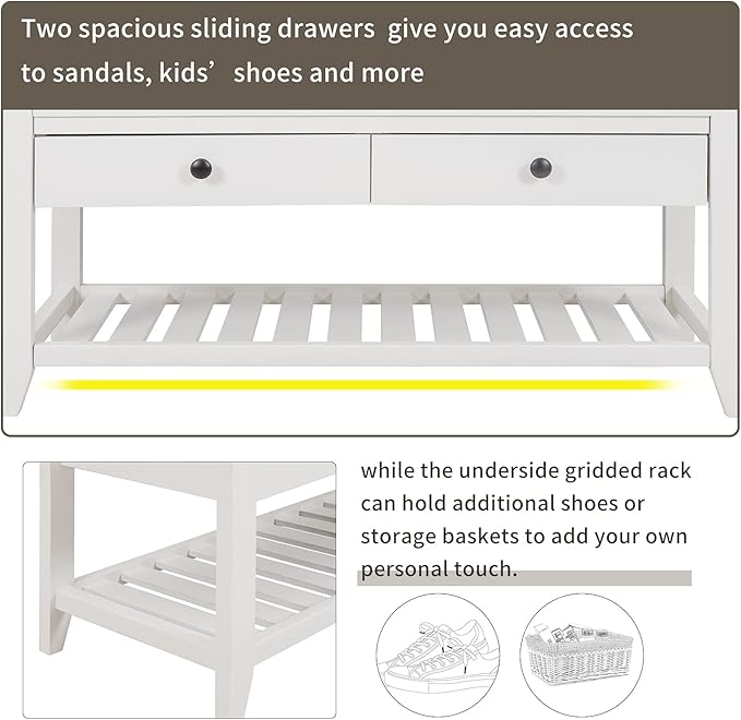 Knocbel Entry Storage Bench Shoes Rack with Cushioned Seat, 2 Drawers & Slatted Shelf, Living Room Entryway Hallway Foyer Shoe Bench Bedroom End of Bed Bench (White)