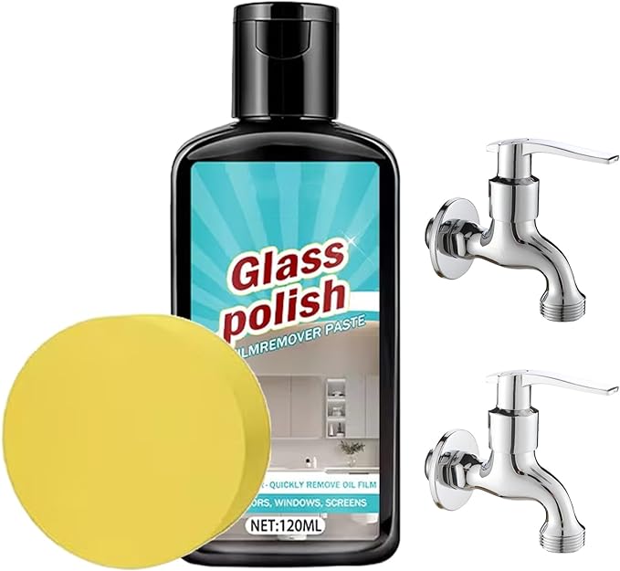 Bathroom Glass Polishing Paste, Deep Cleaning Stain Remover, 120ml, Shower Glass Cleaner, Polishing Compound, Limescale Scum Removal, For Window Mirror Faucet Ceramic Stainless Steel Patio Household