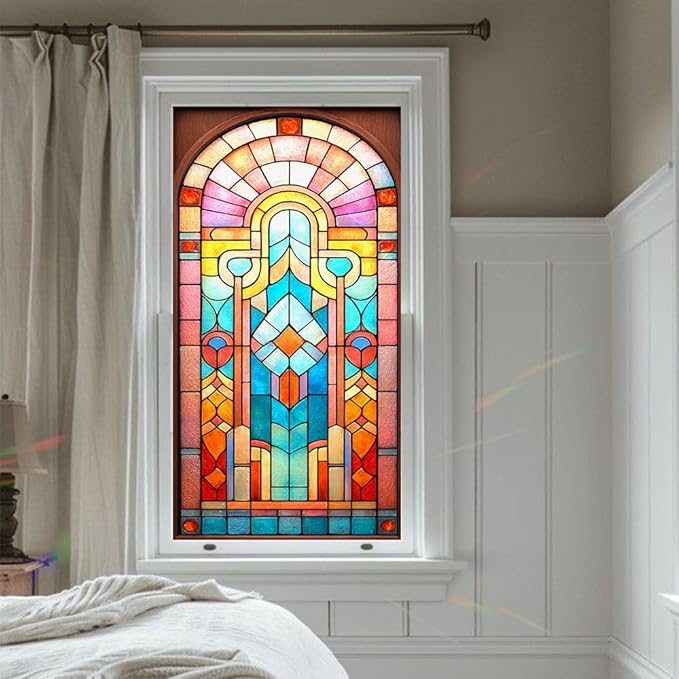 Stained Glass Window Film 17.3 x 39.4 Inch Decorative Privacy Window Sticker Colorful Geometric Static Cling Window Cover for Bathroom Bedroom Office Home Glass Decor